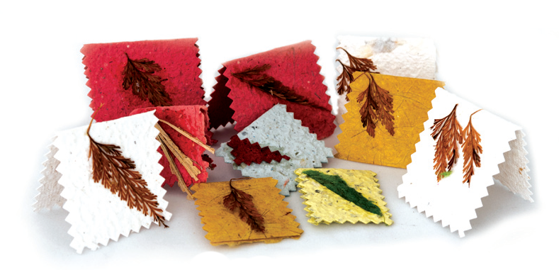 Cartões em papel artesanal e folhas desidratadas